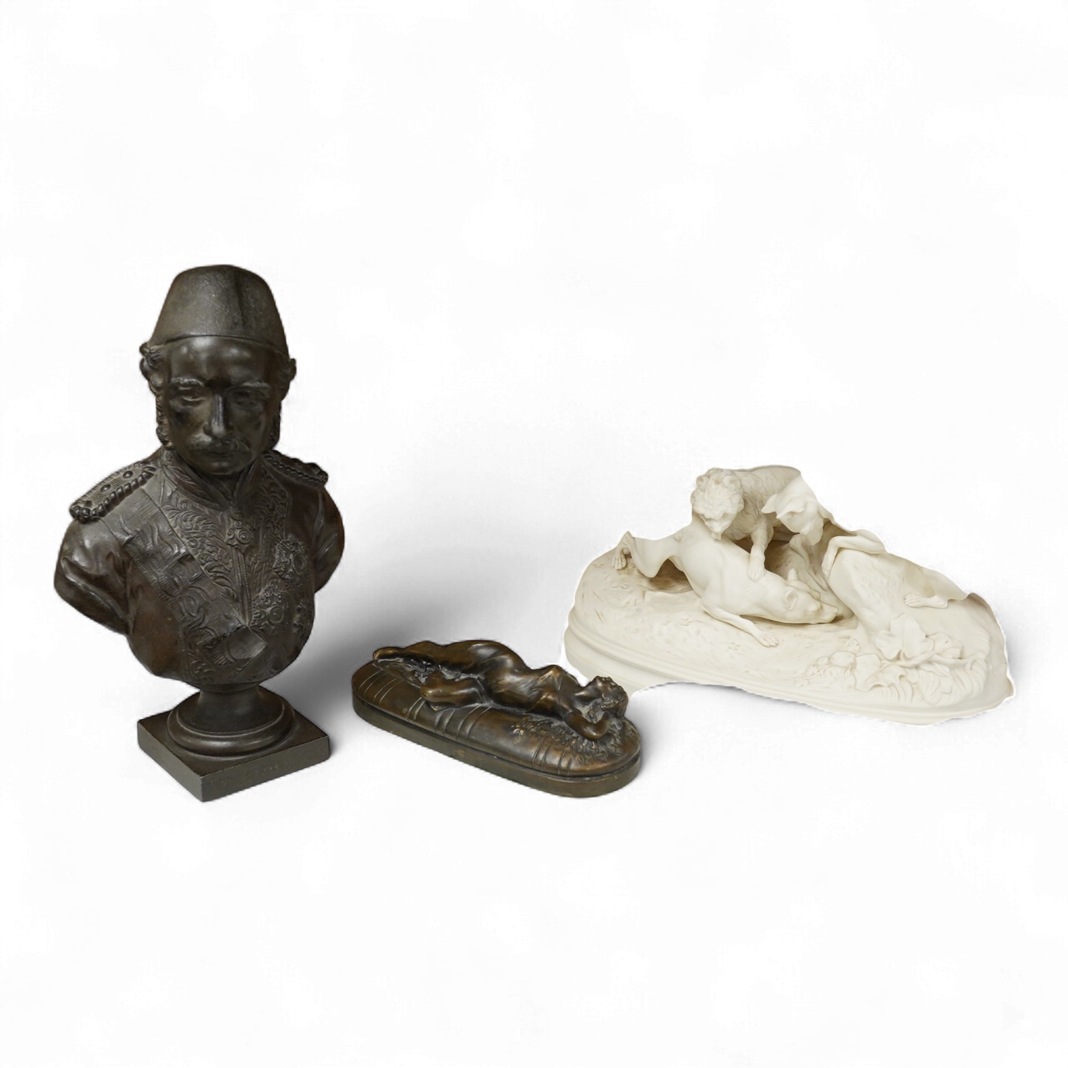 A spelter bust of General Gordon Pasha, and a bronze resin reclining female after Poullain, the bust 32cm